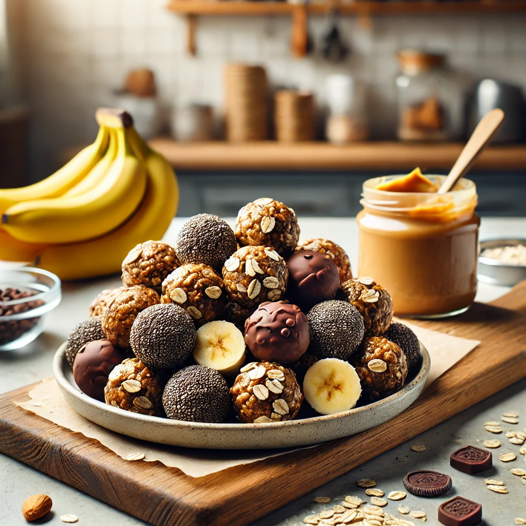 Toren van gezonde snacks met banaan en noten en pindakaas